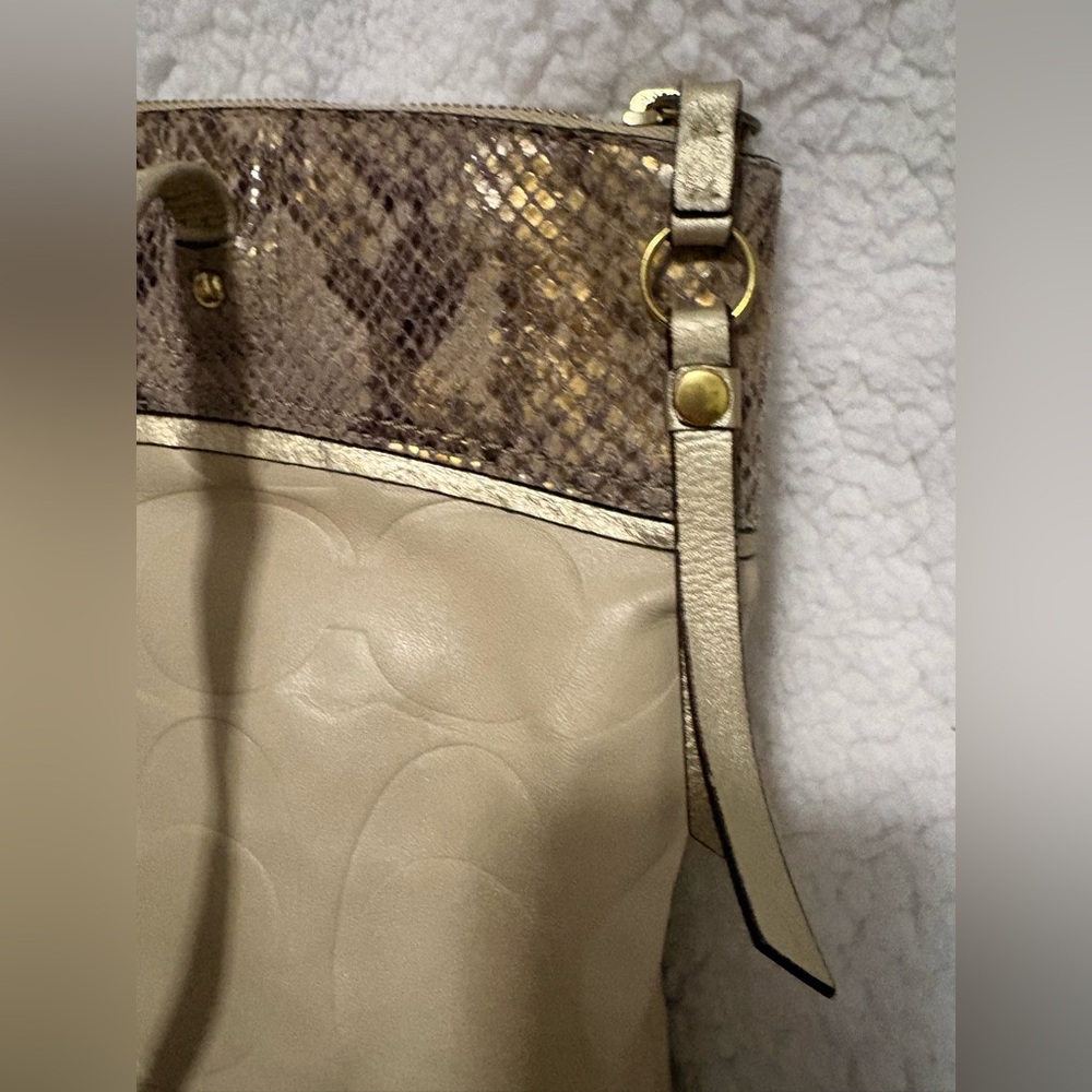 Coach Beige and Gold Tote Bag with Snake Skin Trim - Picture 2 of 7